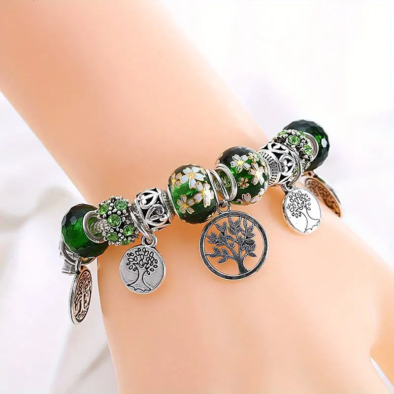 Stunning Green Bead Silvery Tree of Life Bracelet