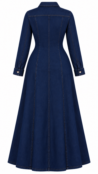 Step out in style with this elegant dark blue denim dress! Designed to flatter your curves with a stylish, slimming silhouette. Perfect for fall and winter, casual outings, work, or special occasions. Available in plus