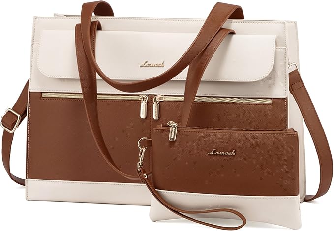 Laptop Tote for Women - 15.6 Inch Professional Leather Computer Briefcase - Waterproof Shoulder Bag - Large Capacity Business Teacher Office Bag - Crossbody Purse