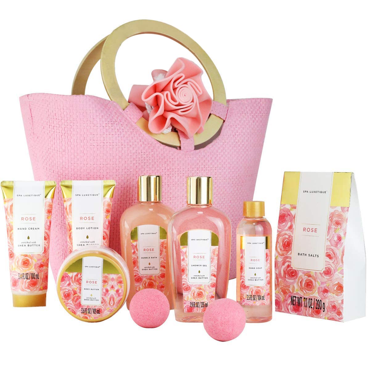 Spa Bath Set 10pcs Rose Gift Basket for Whole Body, Gift Set with Natural ingredients, Bath Salt, Hand Soap, Body Butter for Women