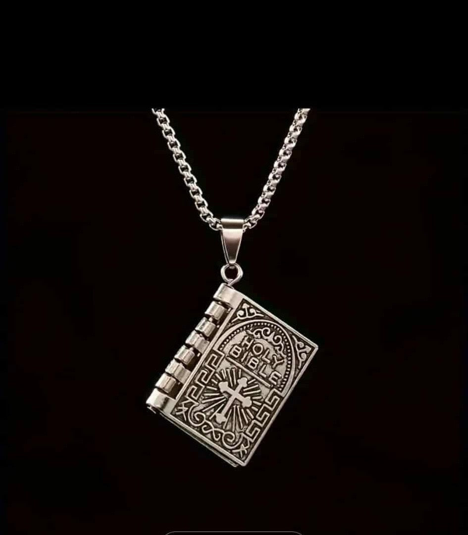 Stainless Steel Lords Prayer Necklace with Open Bible Pendant