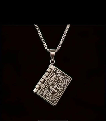 Stainless Steel Lords Prayer Necklace with Open Bible Pendant