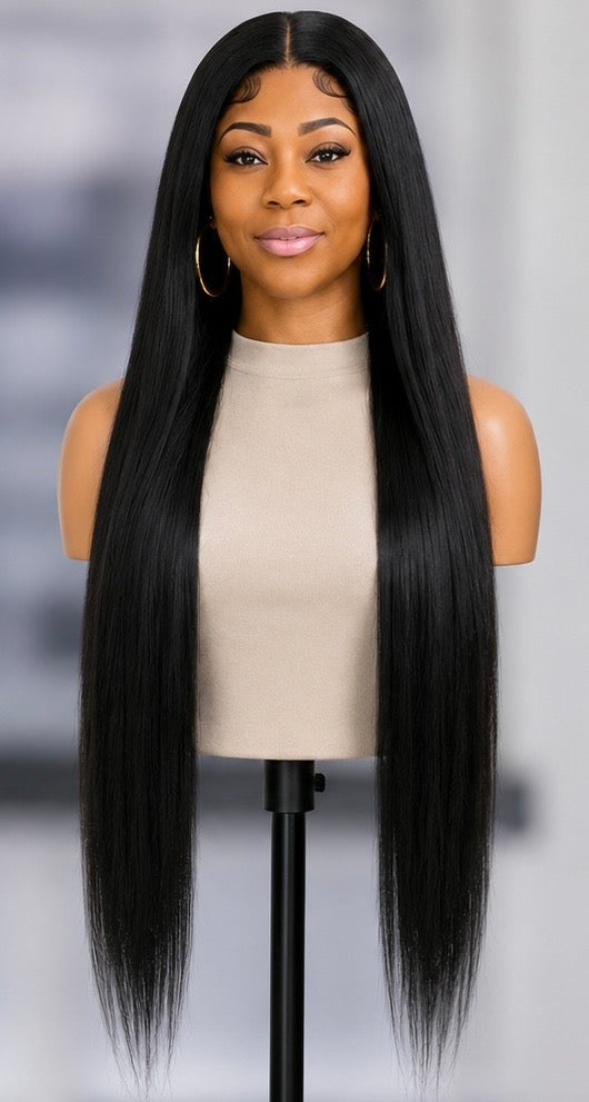Favor Look Good On Me, Wig-36 Inch Bone Straight Super Long length Wig Lace Front Wigs Middle Center Part Wig for Black Women Realistic Hairline Heat Resistant Synthetic Wig  (36 Inch, 1-Jet Black)
