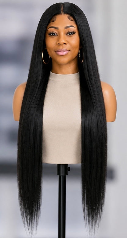 Favor Look Good On Me, Wig-36 Inch Bone Straight Super Long length Wig Lace Front Wigs Middle Center Part Wig for Black Women Realistic Hairline Heat Resistant Synthetic Wig  (36 Inch, 1-Jet Black)