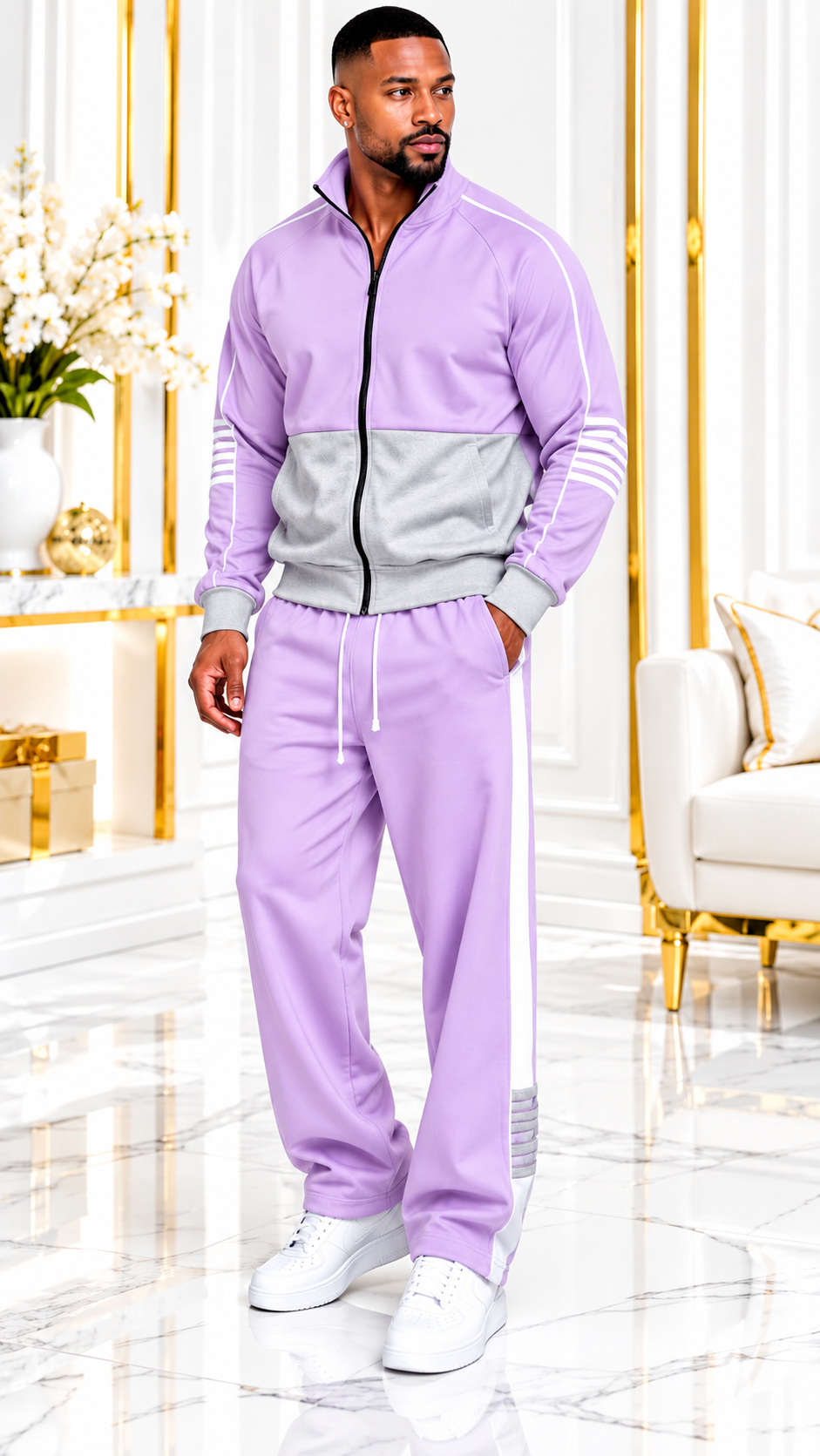 Men’s Fashion Two-Piece Tracksuit – Plus Size Stay stylish and comfortable with this sporty two-piece tracksuit featuring a stand-collar zip-up jacket and wide-leg pants. Available in a variety of colors. Perfect for casual wear, streetwear, and everyday