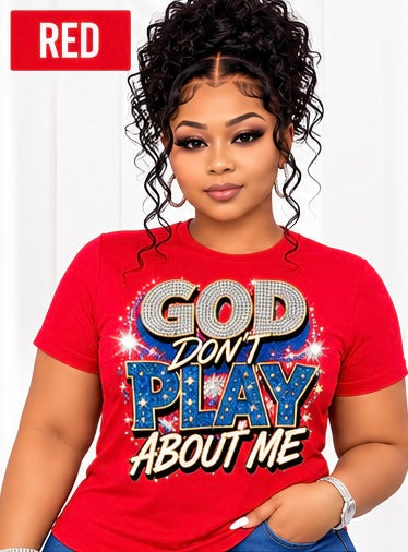 100% Cotton Women’s Christian T-Shirt | “God Doesn’t Play Games With Me” Rhinestone Denim-Look Graphic Tee