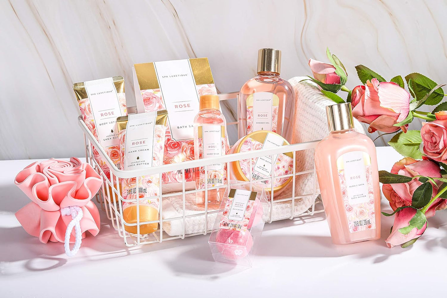 Spa Bath Set 10pcs Rose Gift Basket for Whole Body, Gift Set with Natural ingredients, Bath Salt, Hand Soap, Body Butter for Women