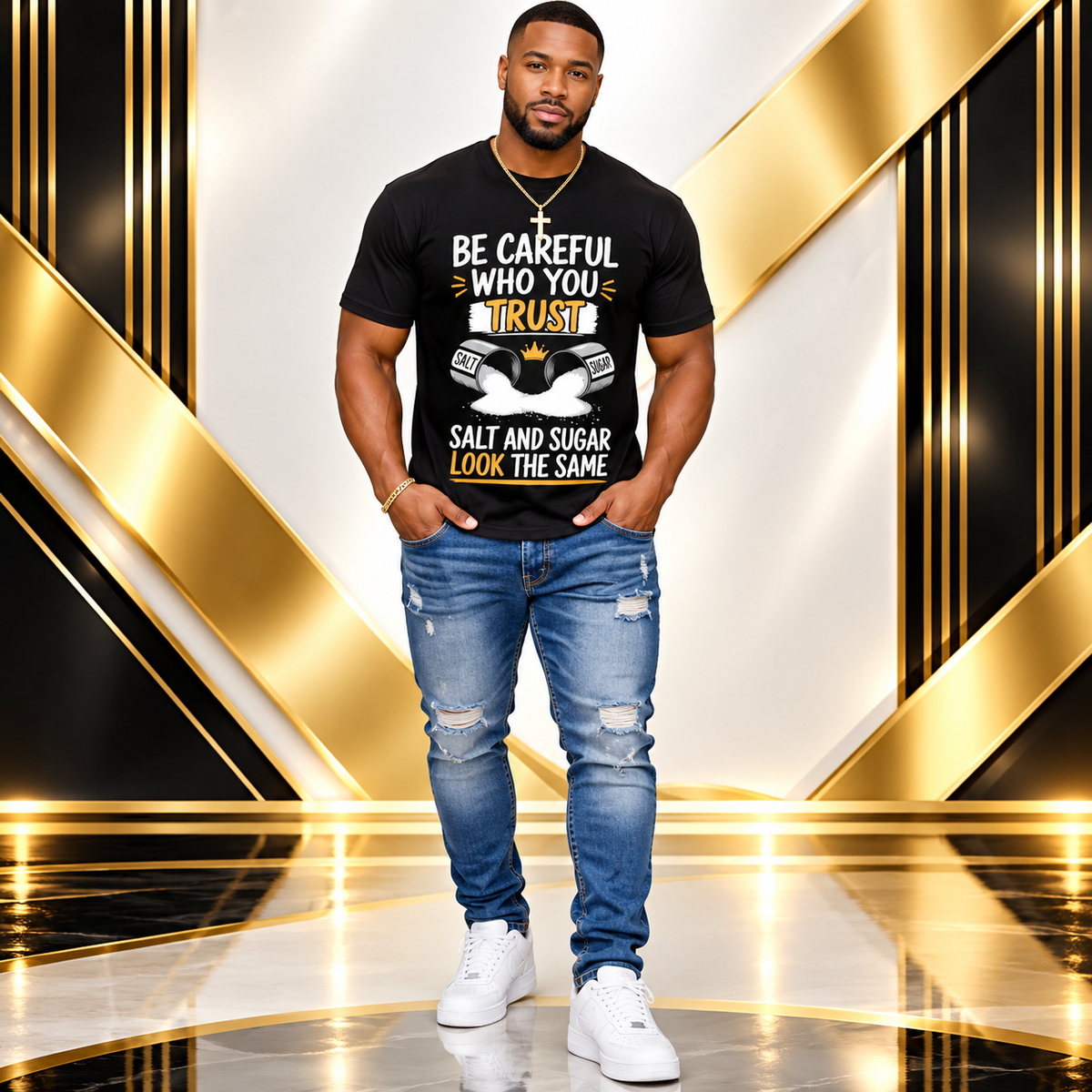 Men’s Black Short-Sleeve Graphic T-Shirt – Bold “BE CAREFUL WHO YOU TRUST” Statement Design Featuring Overturned Salt and Sugar Shakers, Stylish Crew Neck, Comfortable Fit, Perfect for Casual Everyday Wear.