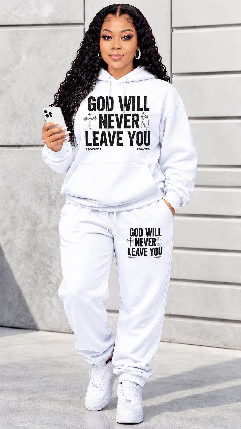 Women’s Christian Graphic Hoodie & Sweatpants Set – “GOD WILL NEVER LEAVE YOU” Faith-Inspired Two-Piece Outfit