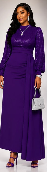Regular & Plus Size Women's Elegant Sequin Embellished Long Sleeve Fit & Flare Dress, Suitable For Banquet, Party, Wedding Guest, New Year, Christmas , Fall