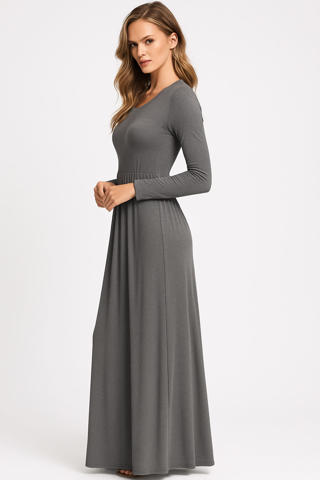 Women's Long Sleeve Loose Plain Maxi Dresses Casual Long Dresses with Pockets