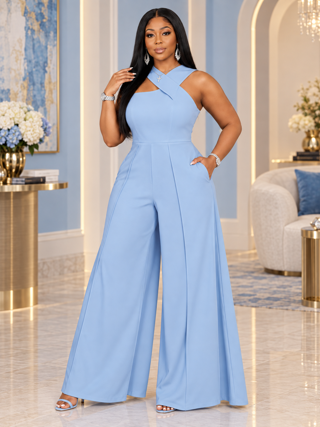 Solid Color Pocket Open Back Minimalist Jumpsuit, Casual For Everyday Wear