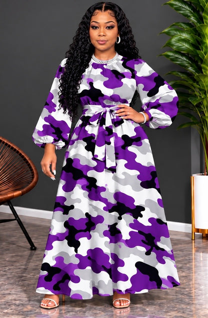 Women’s Plus Size Camouflage Print Maxi Dress

Step out in style with this beautiful plus-size camouflage maxi dress. Featuring elegant lantern sleeves, a flattering A-line silhouette, a round neckline, and an adjustable tie waist for a comfortable, femin