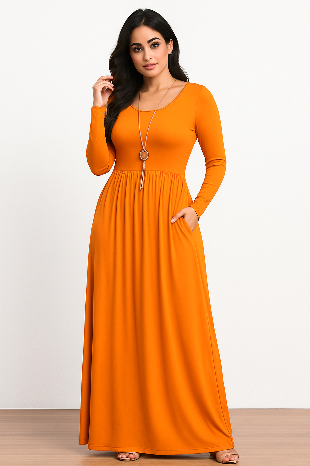 Women's Long Sleeve Loose Plain Maxi Dresses Casual Long Dresses with Pockets