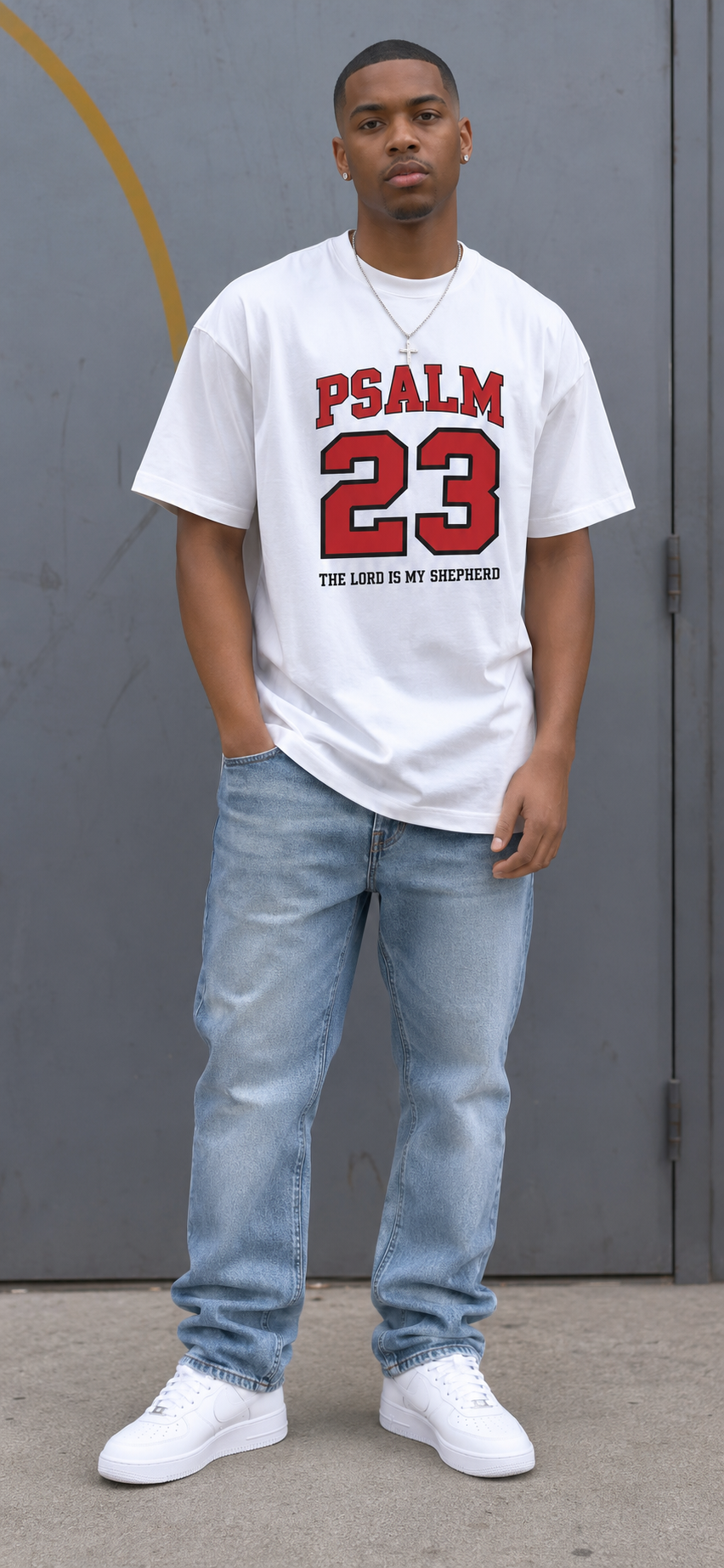 Psalm 23 Scripture Print White T-Shirt, Casual Crew Neck T-shirt.