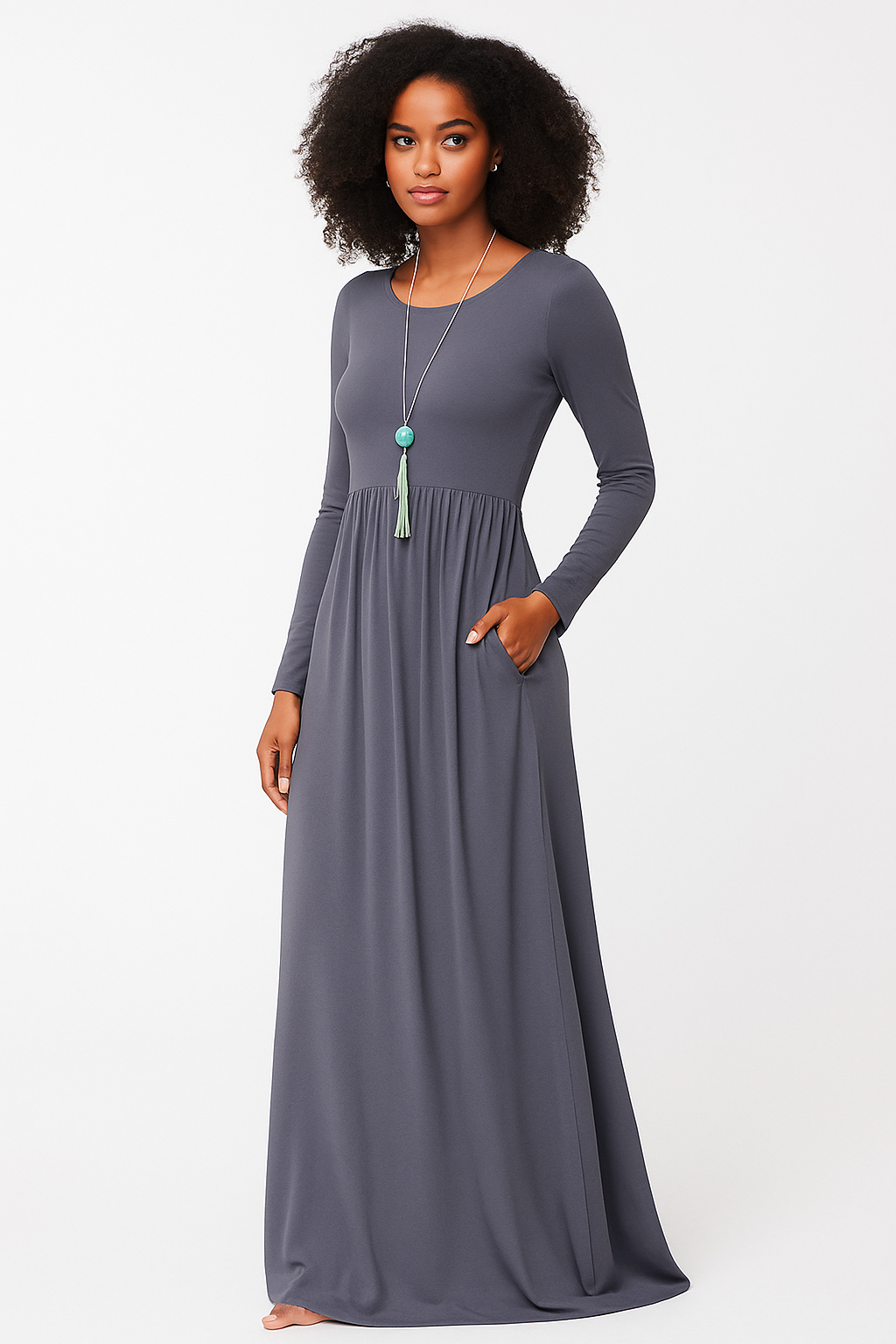 Women's Long Sleeve Loose Plain Maxi Dresses Casual Long Dresses with Pockets