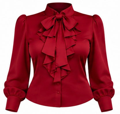 Women's Elegant Long Sleeve Blouse, Wine Red With Tie Collar, Ruffle And Bow Details, Regular Fit Top, Suitable For Work, Spring, Church