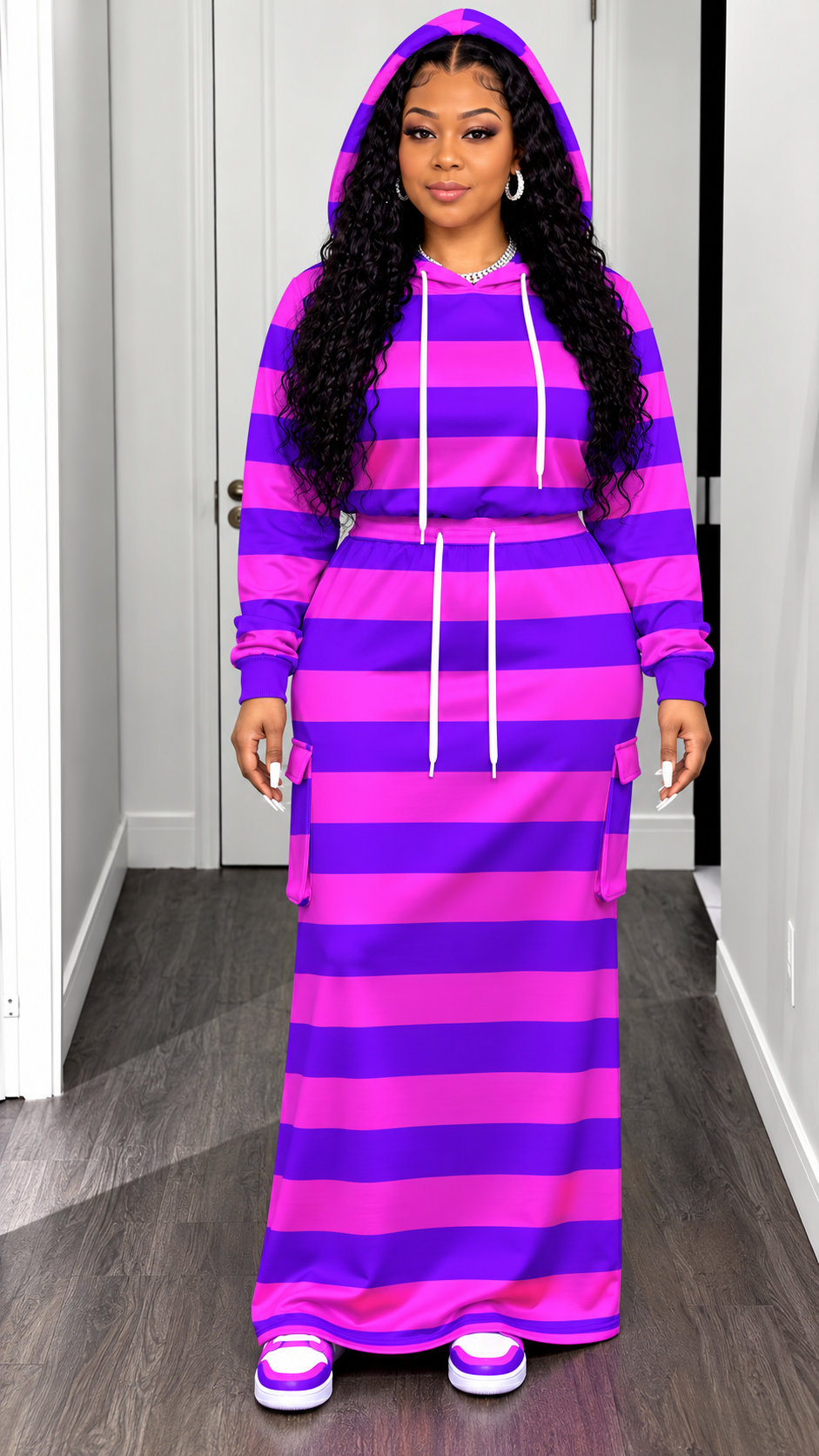 Women's Plus-Size Striped Hooded Top & Skirt Set