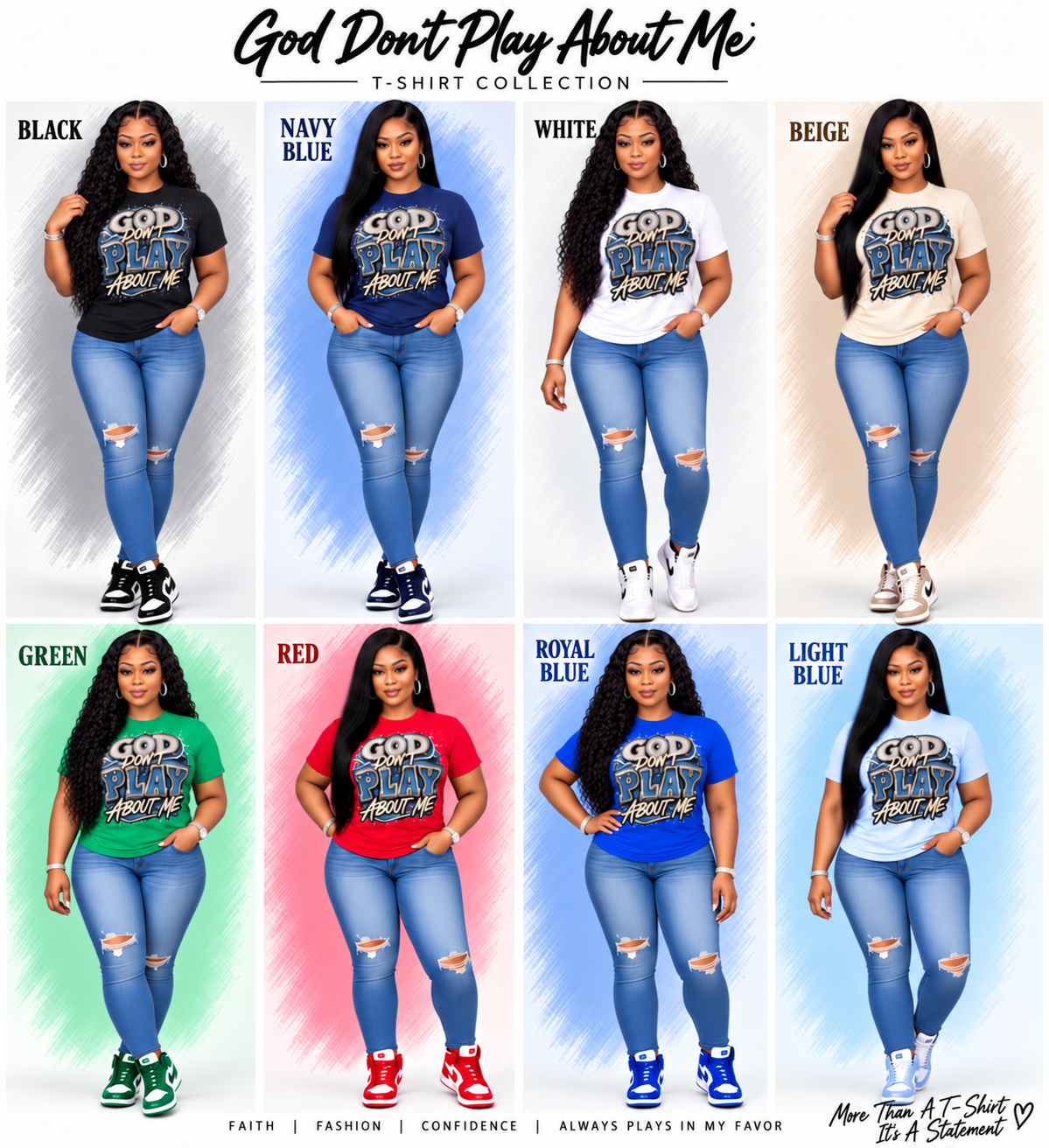 100% Cotton]
"God Doesn't Play Games About Me" Women's T-Shirt | Denim-Look Rhinestone Print Top – Christian-Style Top