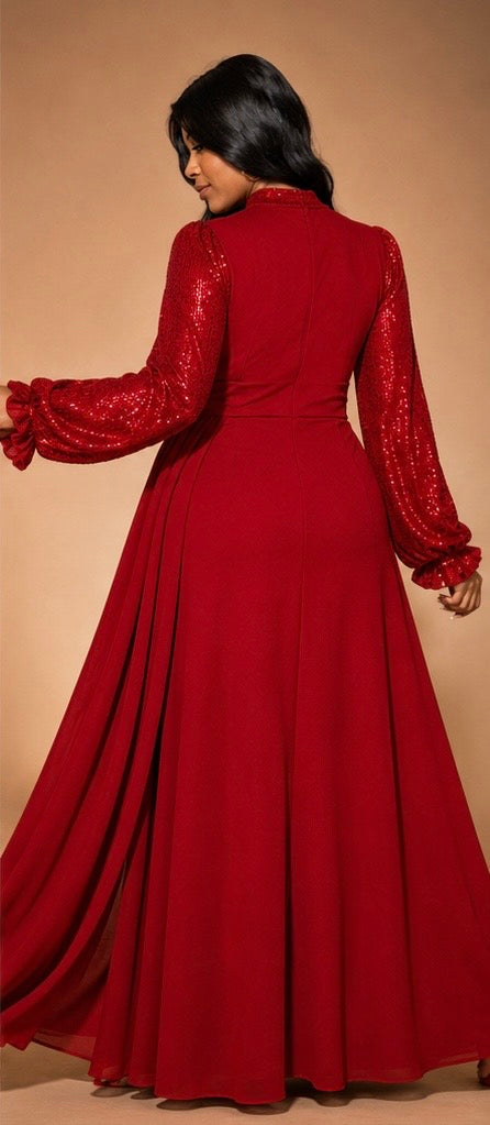 Regular & Plus Size Women's Elegant Sequin Embellished Long Sleeve Fit & Flare Dress, Suitable For Banquet, Party, Wedding Guest, New Year, Christmas Fall