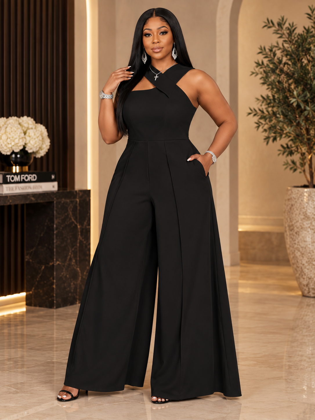 Solid Color Pocket Open Back Minimalist Jumpsuit, Casual For Everyday Wear