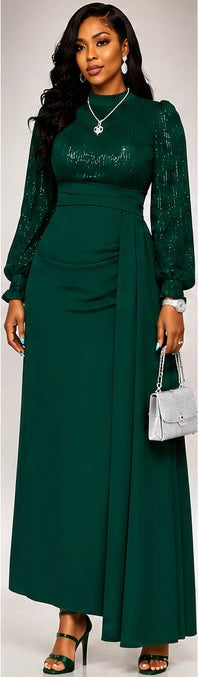 Regular & Plus Size Women's Elegant Sequin Embellished Long Sleeve Fit & Flare Dress, Suitable For Banquet, Party, Wedding Guest, New Year, Christmas , Fall