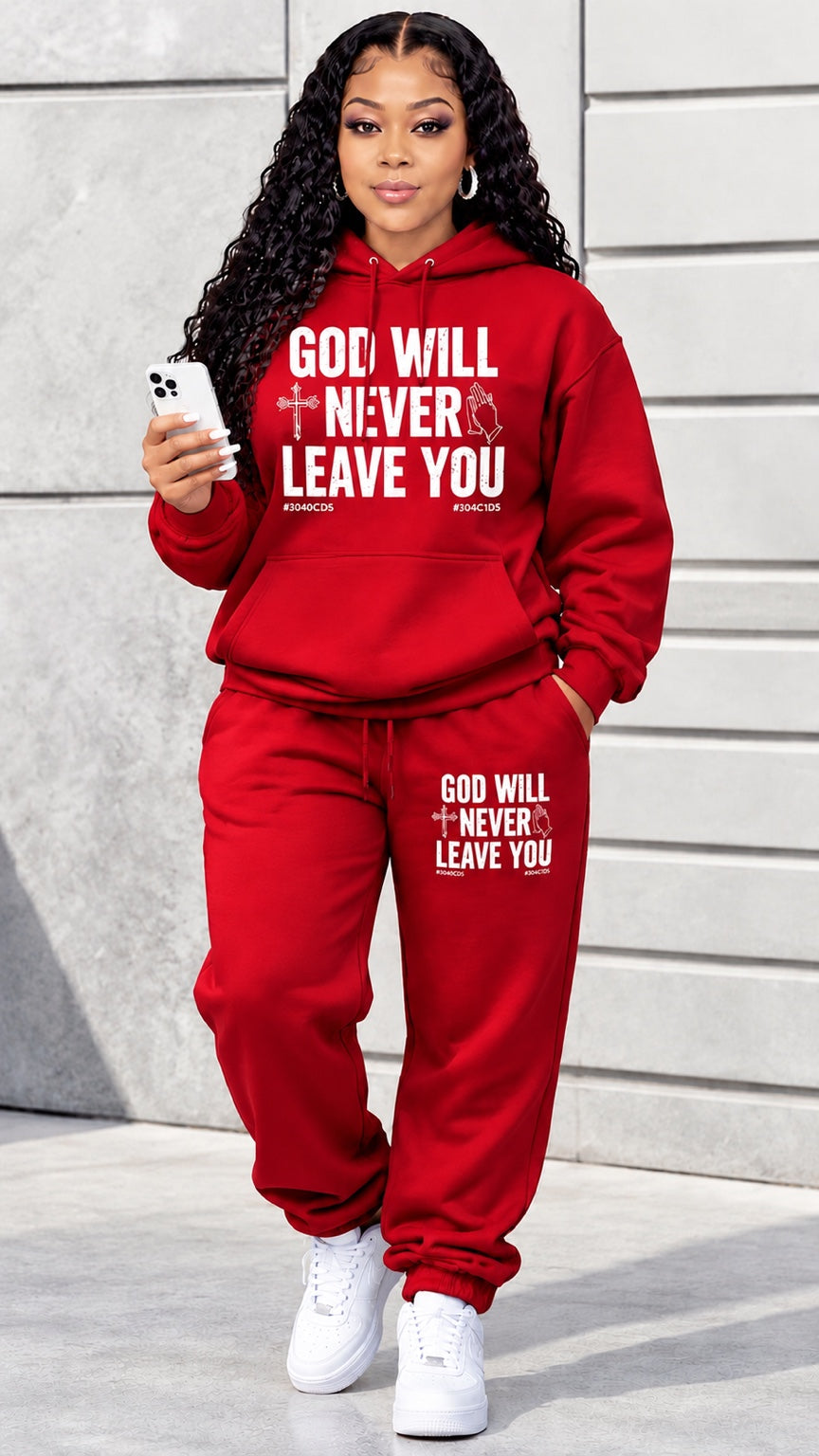 Women’s Christian Graphic Hoodie & Sweatpants Set – “GOD WILL NEVER LEAVE YOU” Faith-Inspired Two-Piece Outfit