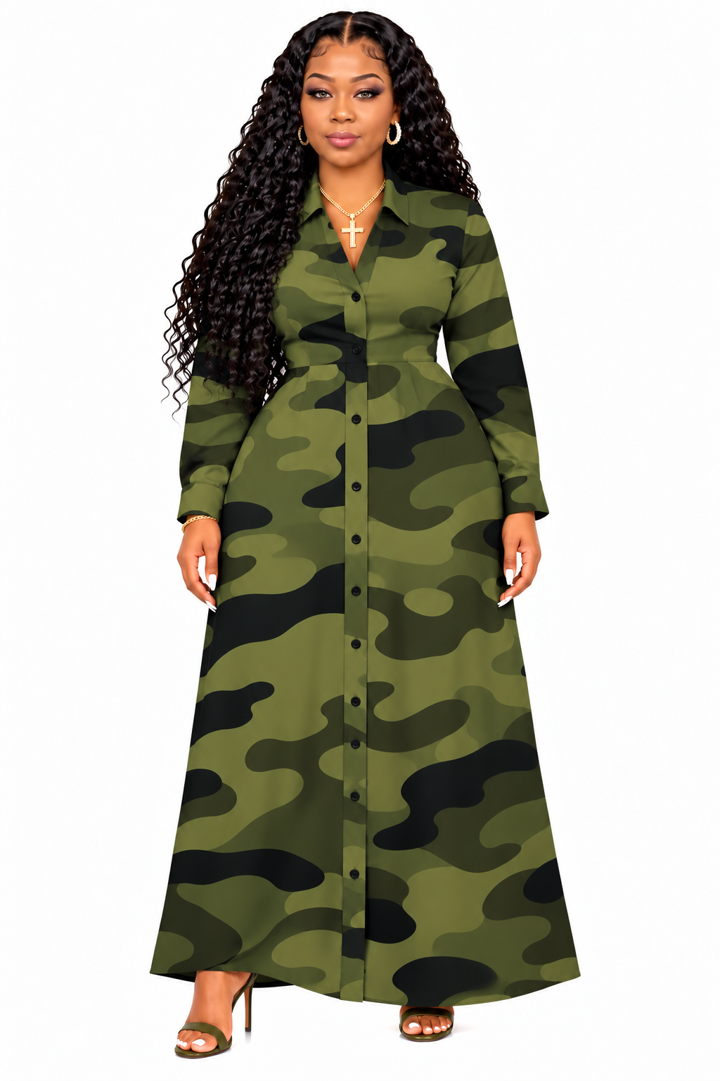 Women’s Elegant Long Sleeve Camouflage Maxi Dress with Removable Belt and Pockets
