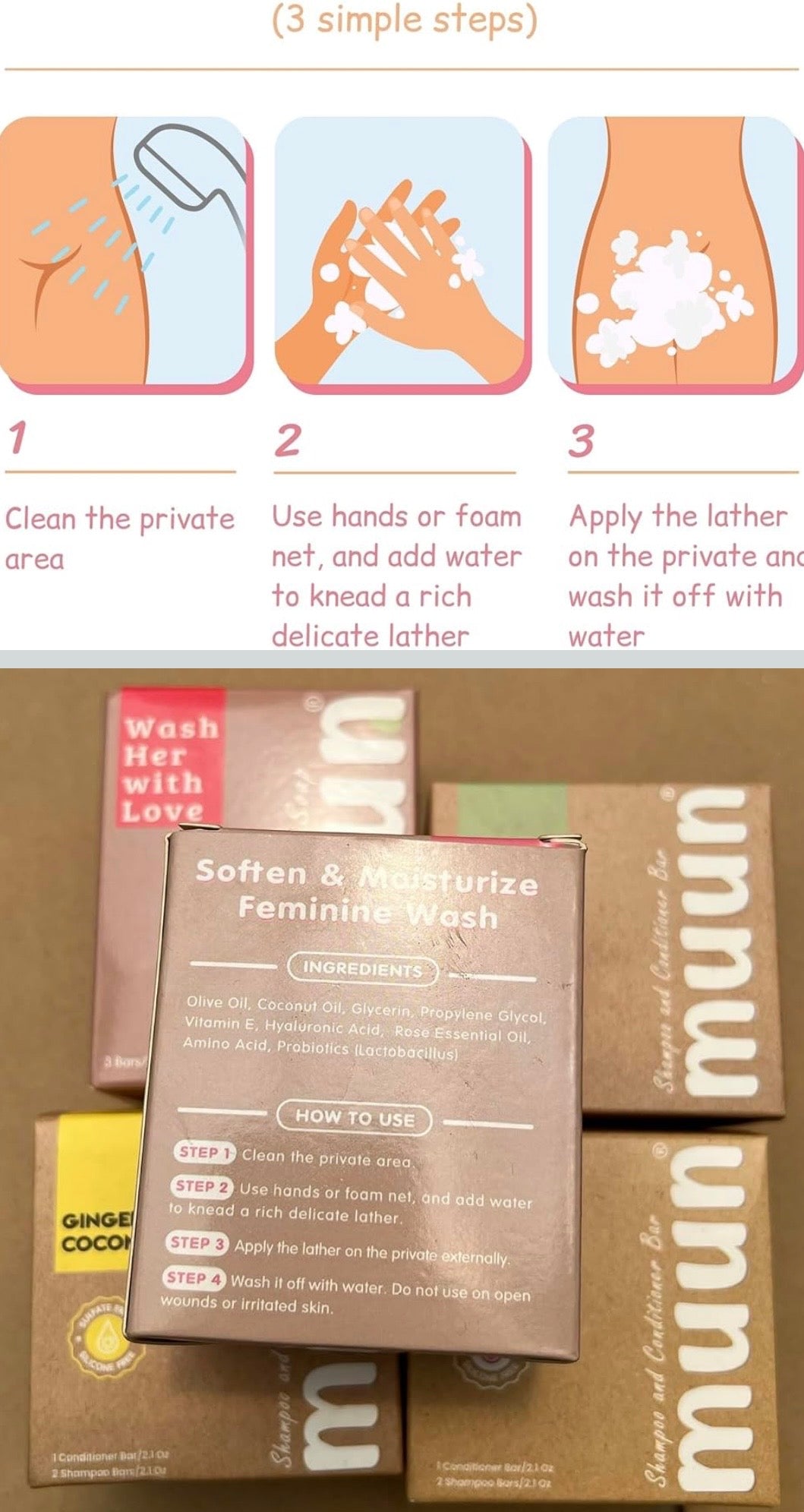 Muun Yoni Feminine Cleansing Soap Bars – 3-Pack (Rose Scent)

Experience gentle, refreshing feminine care with Muun Yoni Soap Bars. Formulated with probiotics and natural ingredients, these moisturizing soap bars are designed to support pH balance, gen