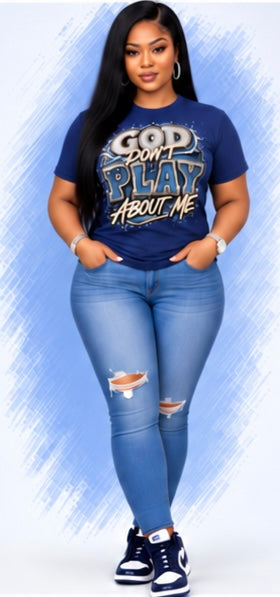 100% Cotton]
"God Doesn't Play Games About Me" Women's T-Shirt | Denim-Look Rhinestone Print Top – Christian-Style Top