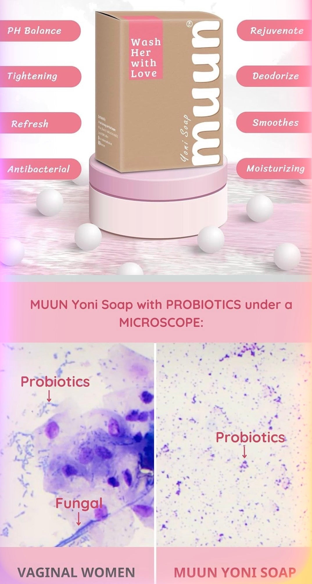 Muun Yoni Feminine Cleansing Soap Bars – 3-Pack (Rose Scent)

Experience gentle, refreshing feminine care with Muun Yoni Soap Bars. Formulated with probiotics and natural ingredients, these moisturizing soap bars are designed to support pH balance, gen