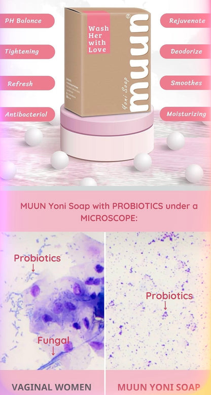 Muun Yoni Feminine Cleansing Soap Bars – 3-Pack (Rose Scent)

Experience gentle, refreshing feminine care with Muun Yoni Soap Bars. Formulated with probiotics and natural ingredients, these moisturizing soap bars are designed to support pH balance, gen