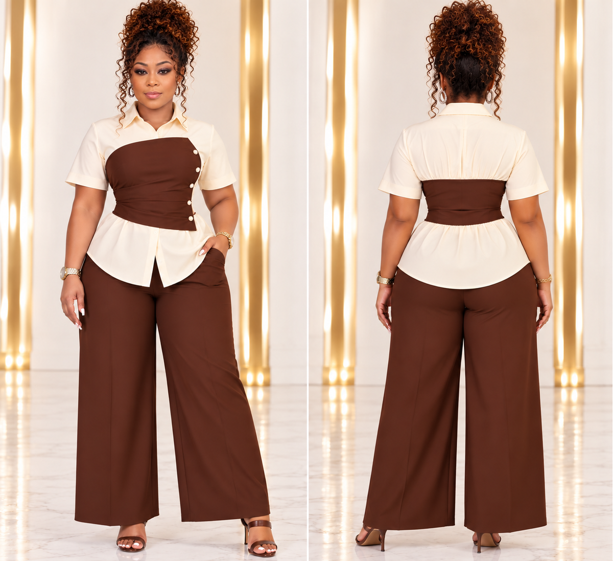 Plus Size Cinched-Waist Blouse & Wide-Leg Pants Set

Elevate your everyday wardrobe with this chic two-piece set featuring a collared, short-sleeve blouse with a flattering cinched waist and coordinating wide-leg pants. Designed for a polished, comfortabl