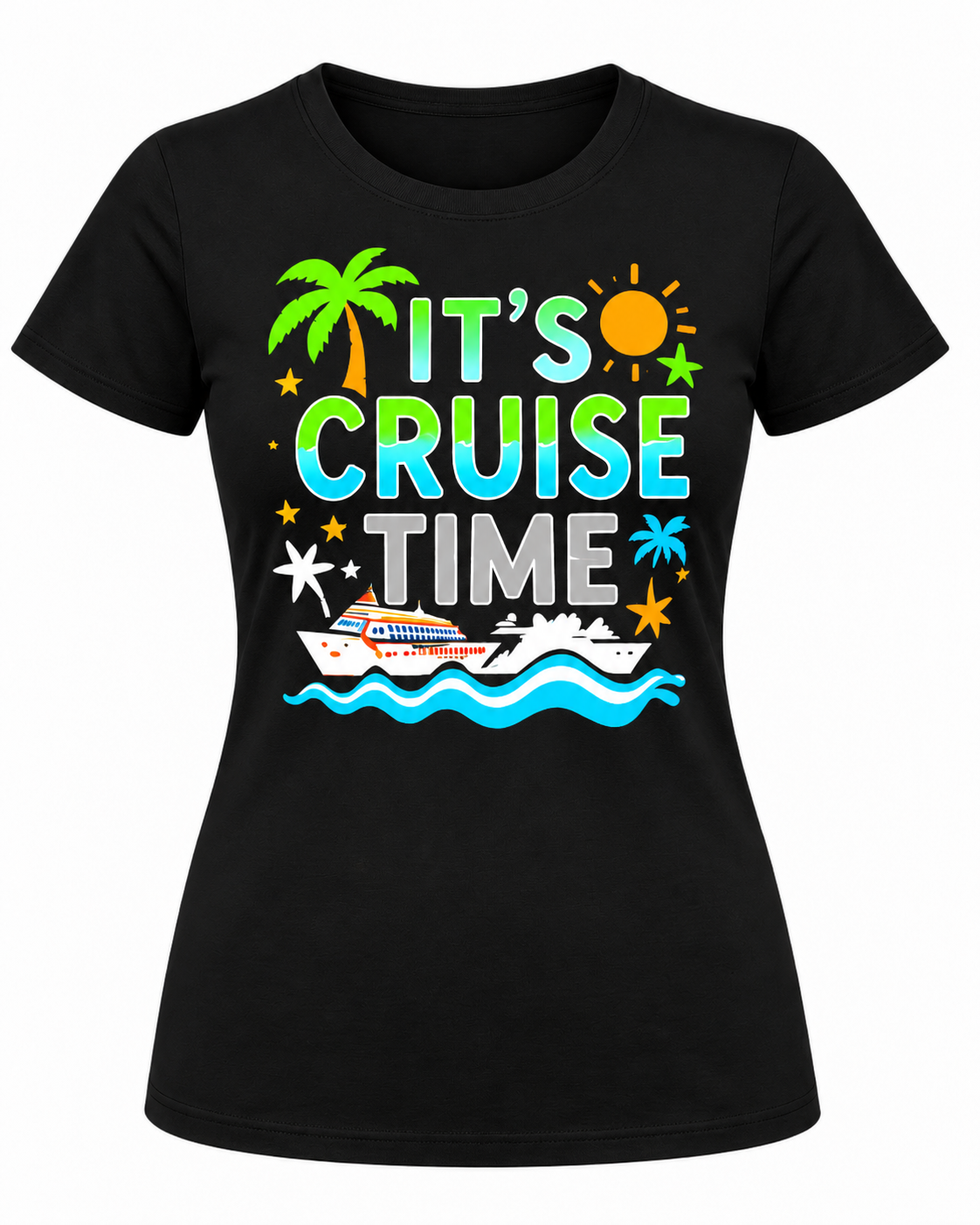 Women’s 100% Cotton “It’s Cruise Time” Graphic T-Shirt – Tropical Palm Tree & Cruise Ship Print, Lightweight Short-Sleeve Crew Neck Summer Tee