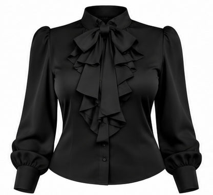Women's Elegant Long Sleeve Blouse, Wine Red With Tie Collar, Ruffle And Bow Details, Regular Fit Top, Suitable For Work, Spring, Church