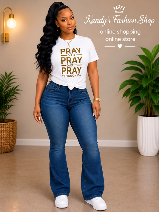 Pray On It Pray Over It Pray Through It Christian T Shirt Women Faith Motivational Quote Top Casual White Tee Shirt