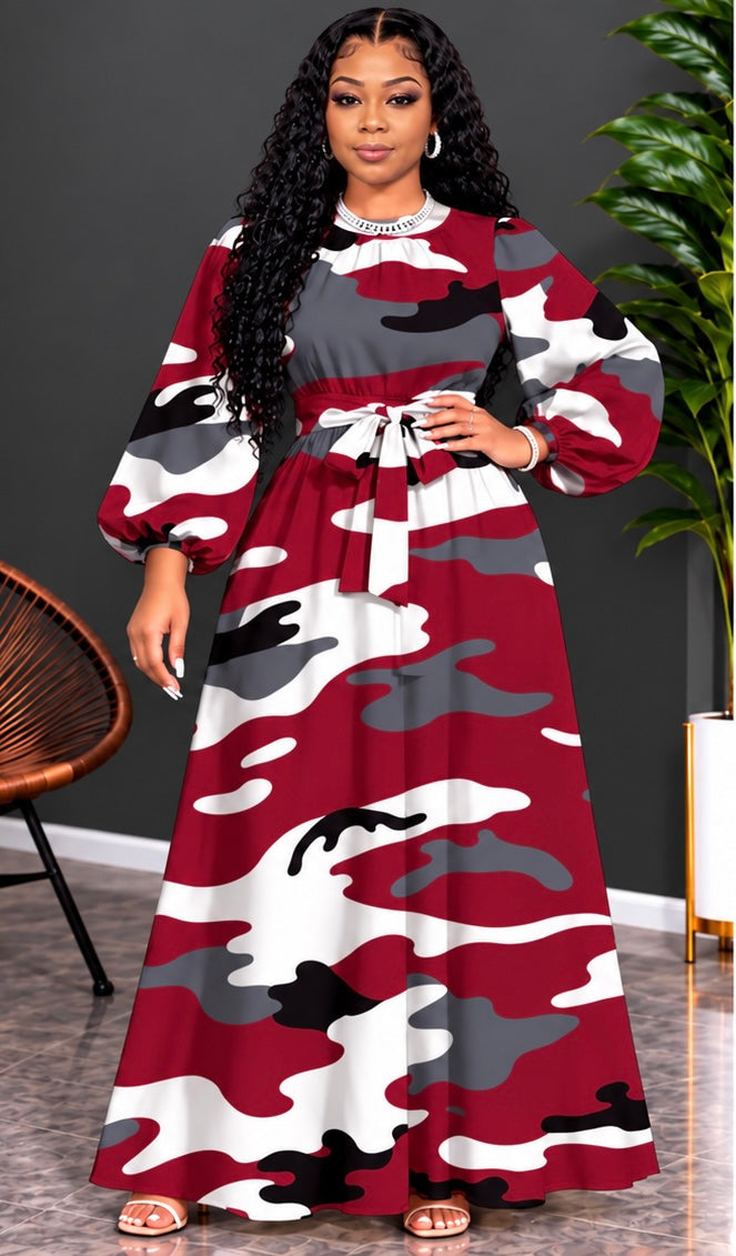 Women’s Plus Size Camouflage Print Maxi Dress

Step out in style with this beautiful plus-size camouflage maxi dress. Featuring elegant lantern sleeves, a flattering A-line silhouette, a round neckline, and an adjustable tie waist for a comfortable, femin
