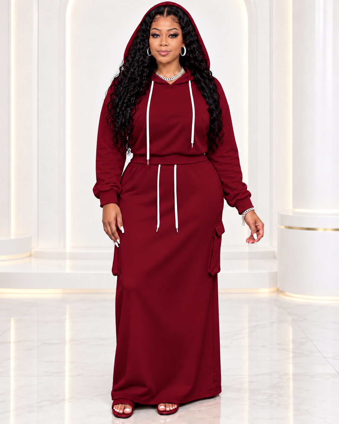Stylish Plus-Size Two-Piece Hooded Top and Maxi Skirt Set