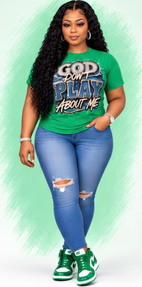 100% Cotton]
"God Doesn't Play Games About Me" Women's T-Shirt | Denim-Look Rhinestone Print Top – Christian-Style Top