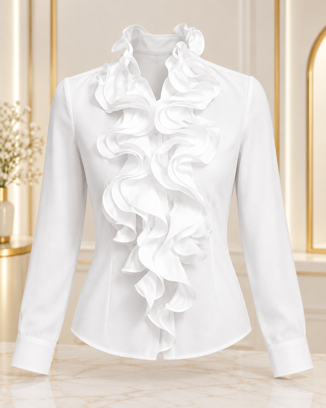 Women Long Sleeve Ruffled Collar Tops Office Work Solid Shirt T-Shirt Flounced Blouse