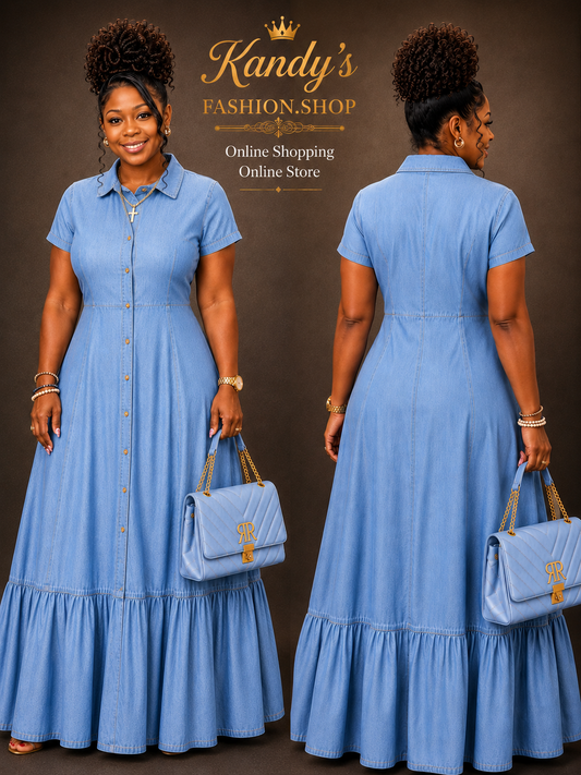 Women's Long Dress With Button Front, Flared Skirt