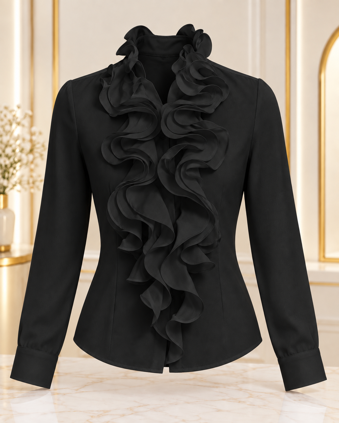 Women Long Sleeve Ruffled Collar Tops Office Work Solid Shirt T-Shirt Flounced Blouse