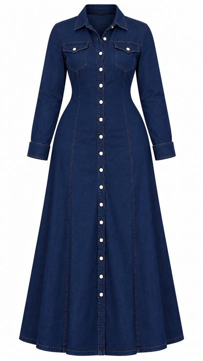 Step out in style with this elegant dark blue denim dress! Designed to flatter your curves with a stylish, slimming silhouette. Perfect for fall and winter, casual outings, work, or special occasions. Available in plus