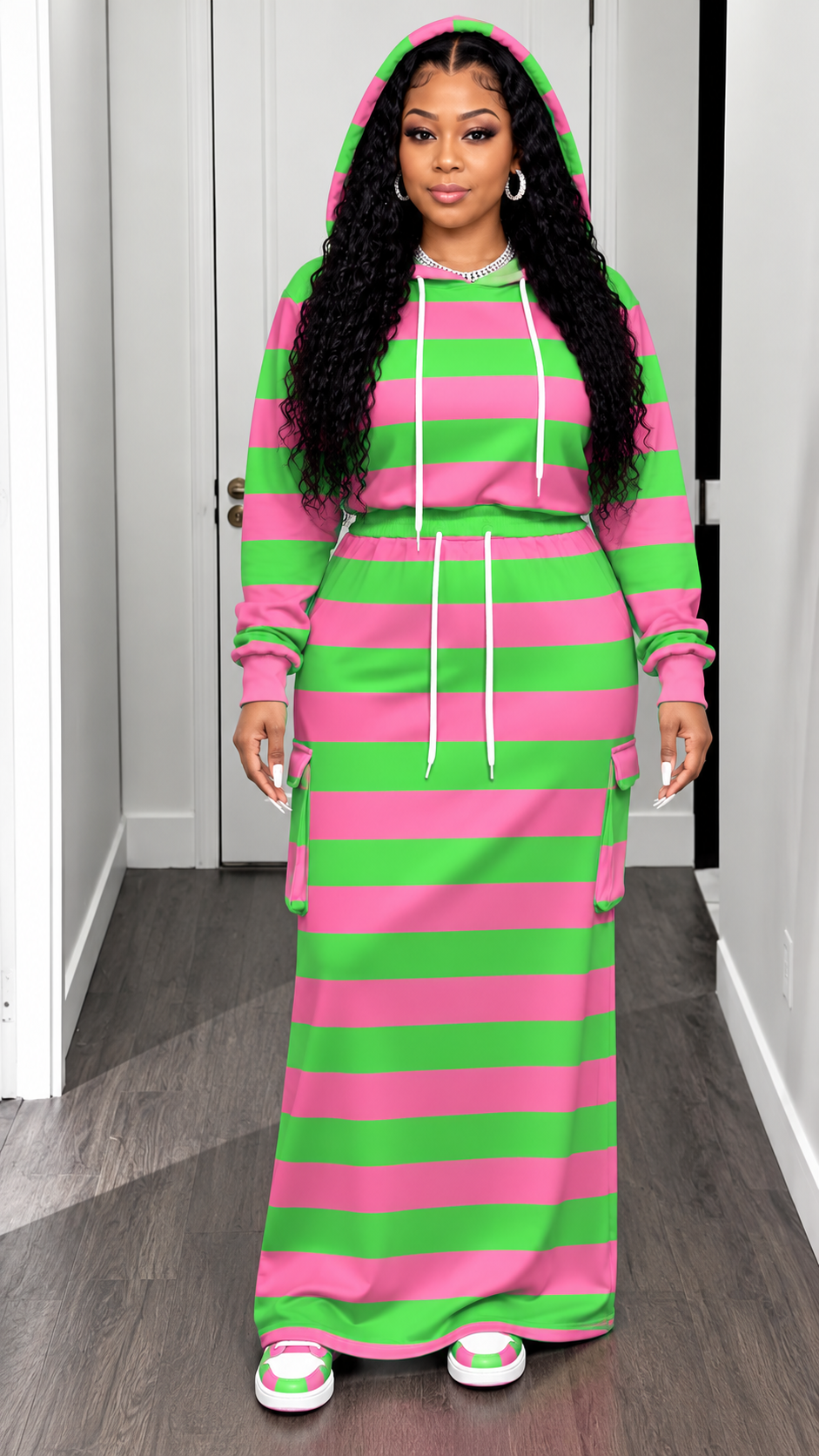 Women's Plus-Size Striped Hooded Top & Skirt Set