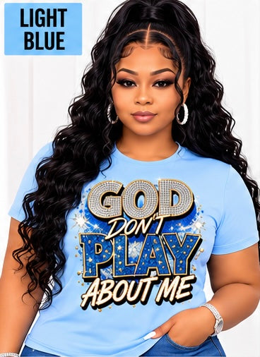 100% Cotton Women’s Christian T-Shirt | “God Doesn’t Play Games With Me” Rhinestone Denim-Look Graphic Tee