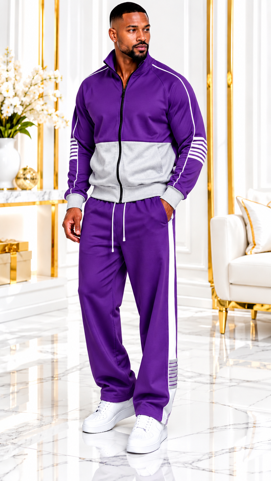 Men’s Fashion Two-Piece Tracksuit – Plus Size Stay stylish and comfortable with this sporty two-piece tracksuit featuring a stand-collar zip-up jacket and wide-leg pants. Available in a variety of colors. Perfect for casual wear, streetwear, and everyday