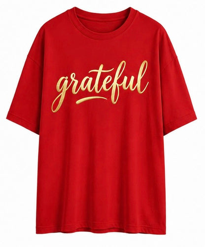 Women's Oversized Short Sleeve T-Shirt With Gold Foil "Grateful" Cursive Letter Print, Crew Neck, Casual Loose Fit Graphic Tee, Daily Streetwear Top