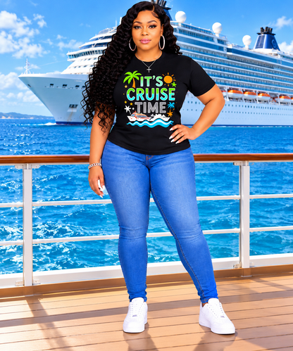 Women’s 100% Cotton “It’s Cruise Time” Graphic T-Shirt – Tropical Palm Tree & Cruise Ship Print, Lightweight Short-Sleeve Crew Neck Summer Tee