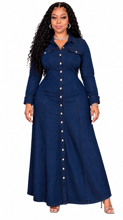 Step out in style with this elegant dark blue denim dress! Designed to flatter your curves with a stylish, slimming silhouette. Perfect for fall and winter, casual outings, work, or special occasions. Available in plus