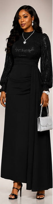 Regular & Plus Size Women's Elegant Sequin Embellished Long Sleeve Fit & Flare Dress, Suitable For Banquet, Party, Wedding Guest, New Year, Christmas , Fall